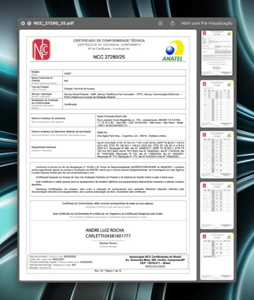 Certificado de Conformidade Técnica do iPad Air de 11 polegadas (M3) Wi-Fi + Cellular