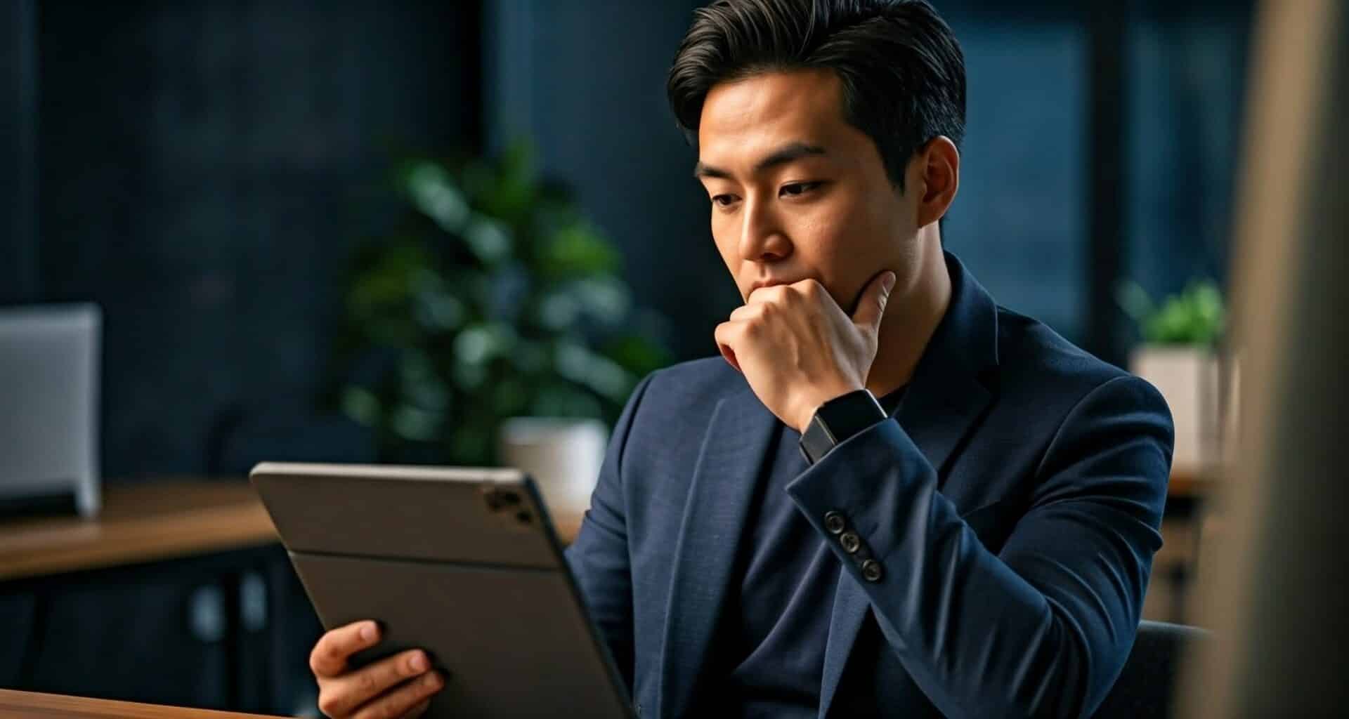 Homem usando iPad (imagem gerada por IA)