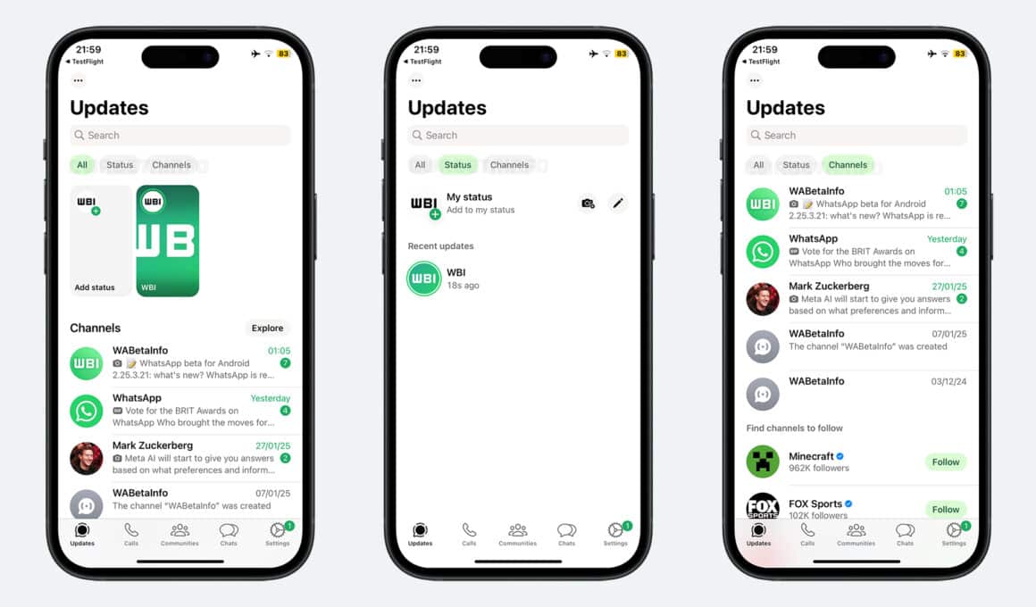 Novos filtros de Status/Canais na aba "Atualizações" do WhatsApp
