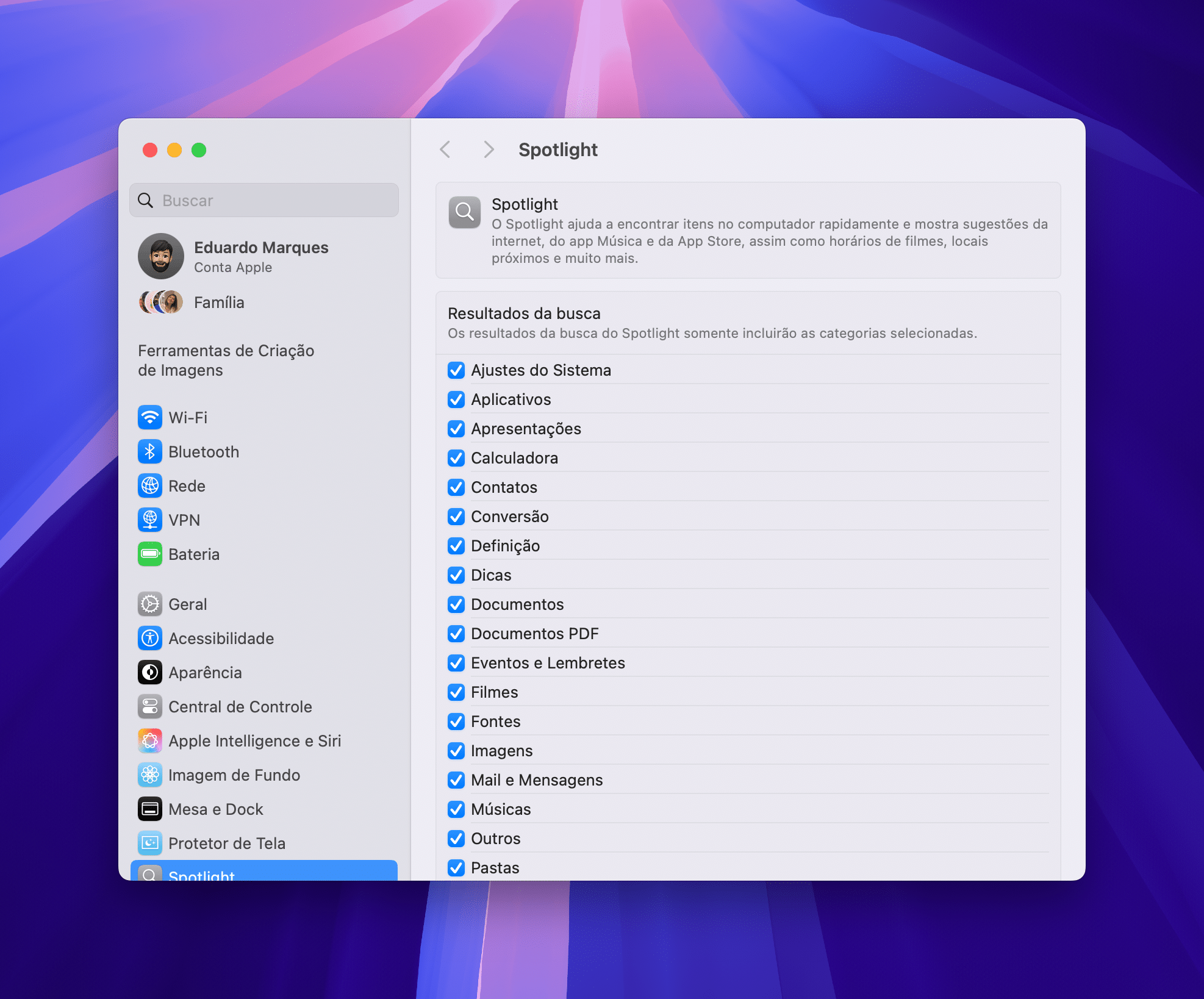 Ajustes do Spotlight no macOS Sequoia