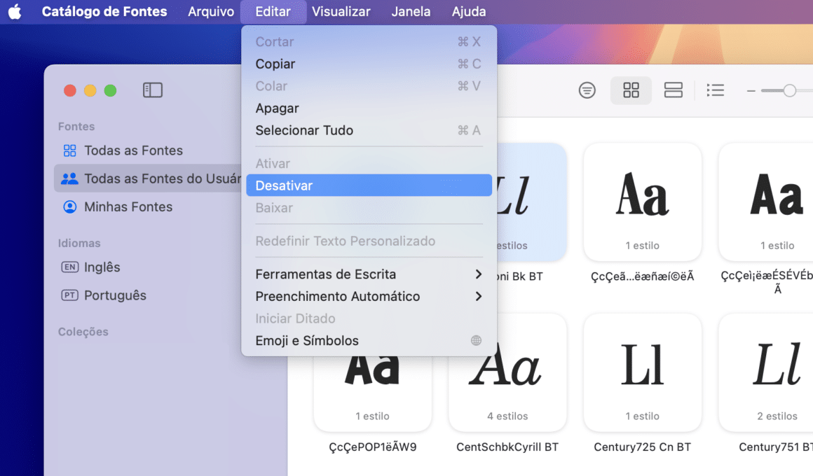 Desativando ou ativando fontes no Mac