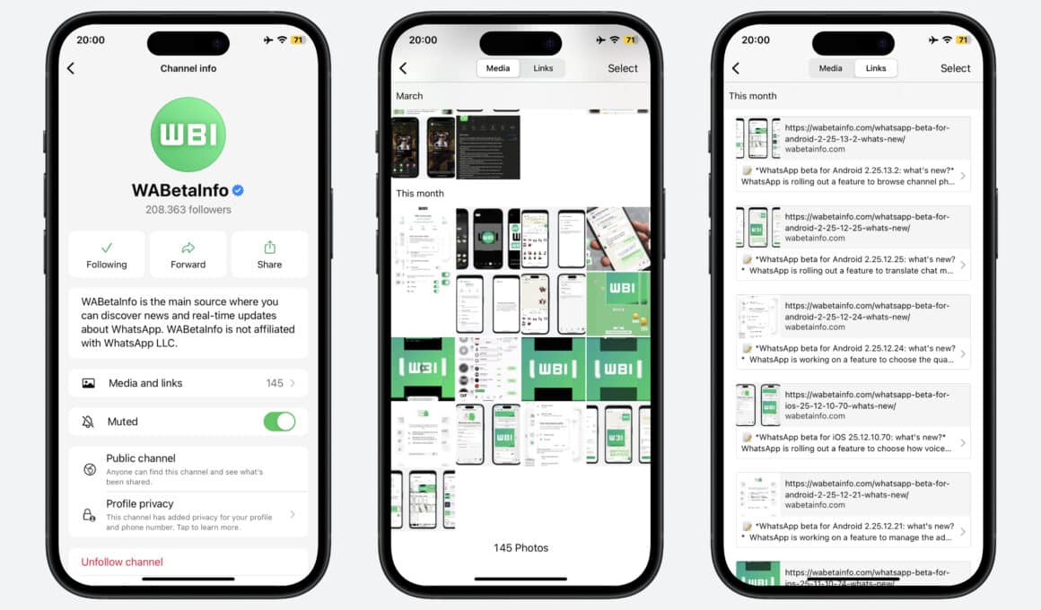 Navegação por mídias e links em canais do WhatsApp