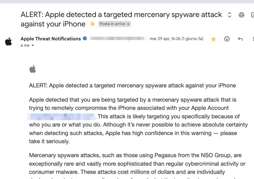 Alerta de spyware enviado a Ciro Pellegrino