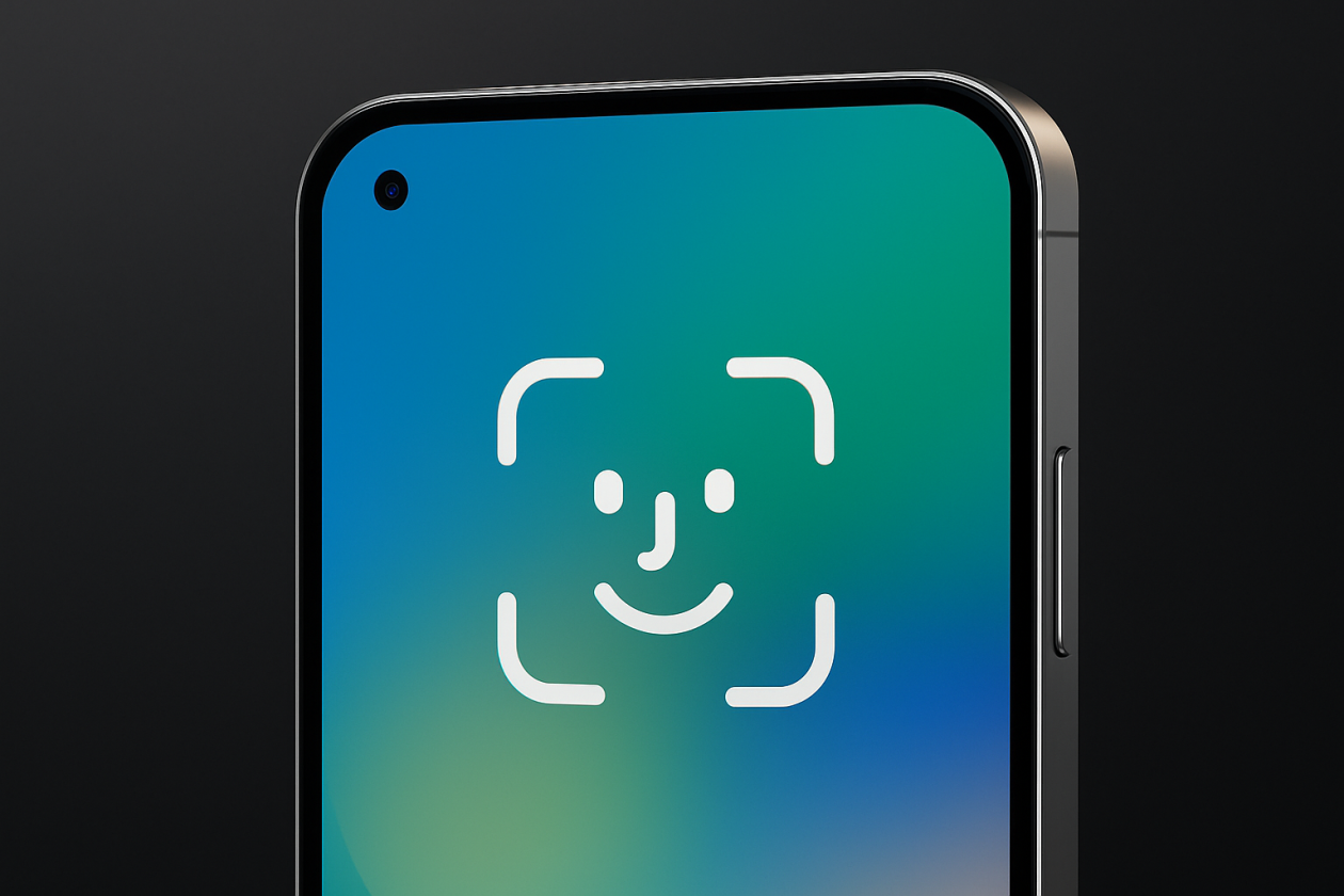 Mockup de iPhone com hole-punch e ilustração do Face ID
