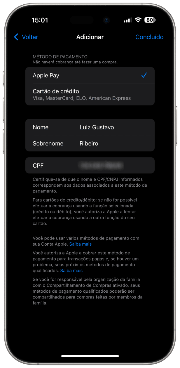 Apple Pay como forma de pagamento da Conta Apple