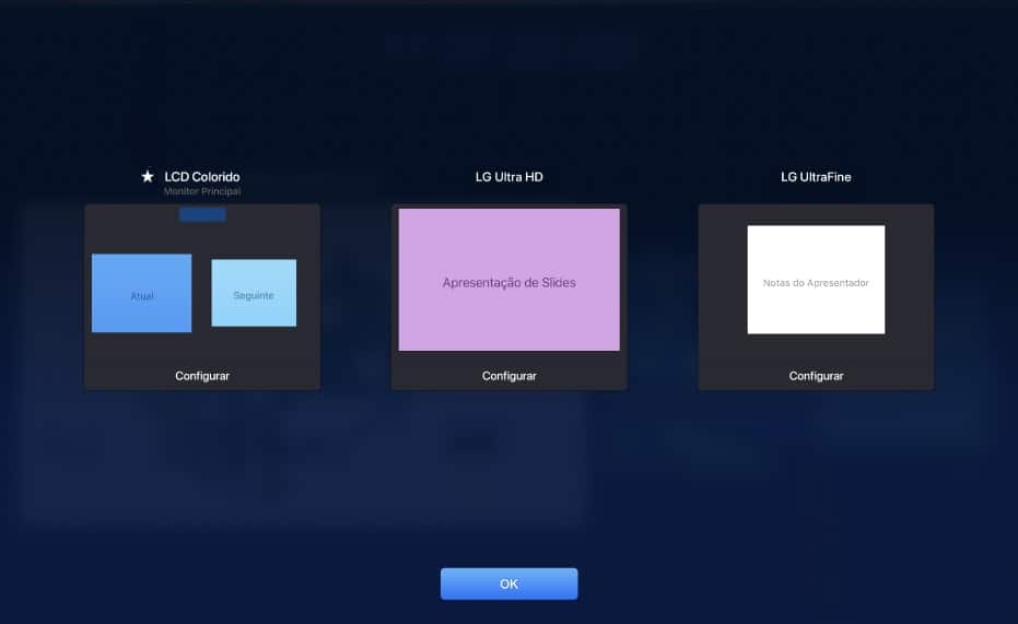 Apresentação do Keynote com múltiplos monitores