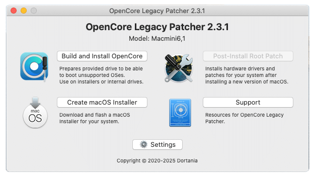 OpenCore Legacy Patcher menu