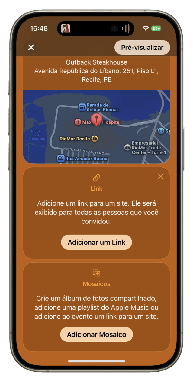 Nova barra de links do app Convites (Invites)