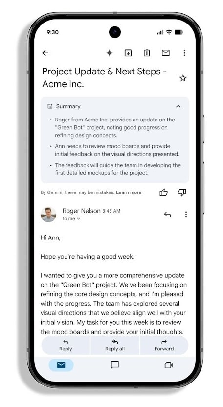 Cards de resumos do Gemini no Gmail