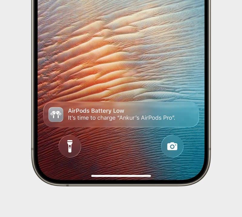 Alerta para recarregar AirPods no iOS 26