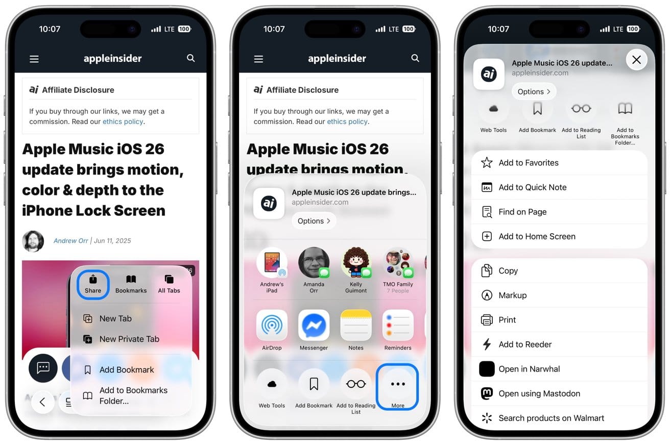 Menu Compartilhar no iOS 26