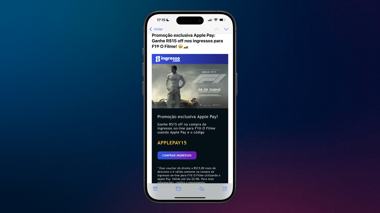 Ingresso.com dá R$15 de desconto ao pagar por “F1” com o Apple Pay