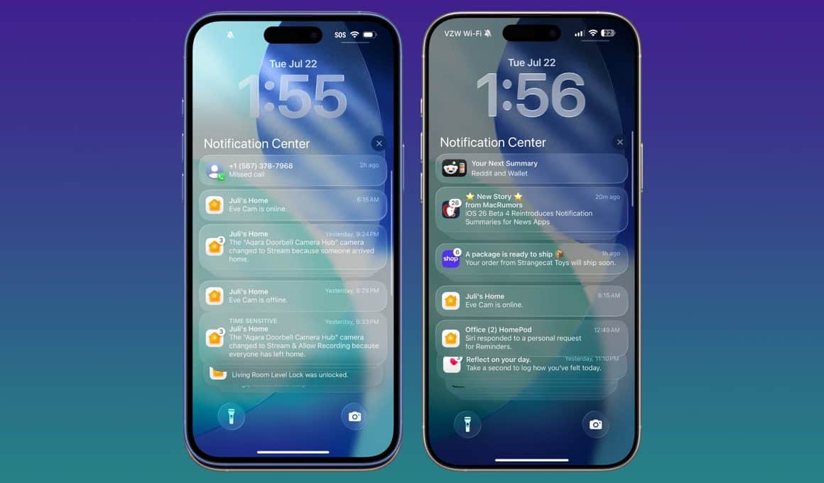 Aparência da Tela Bloqueada na quarta beta do iOS 26