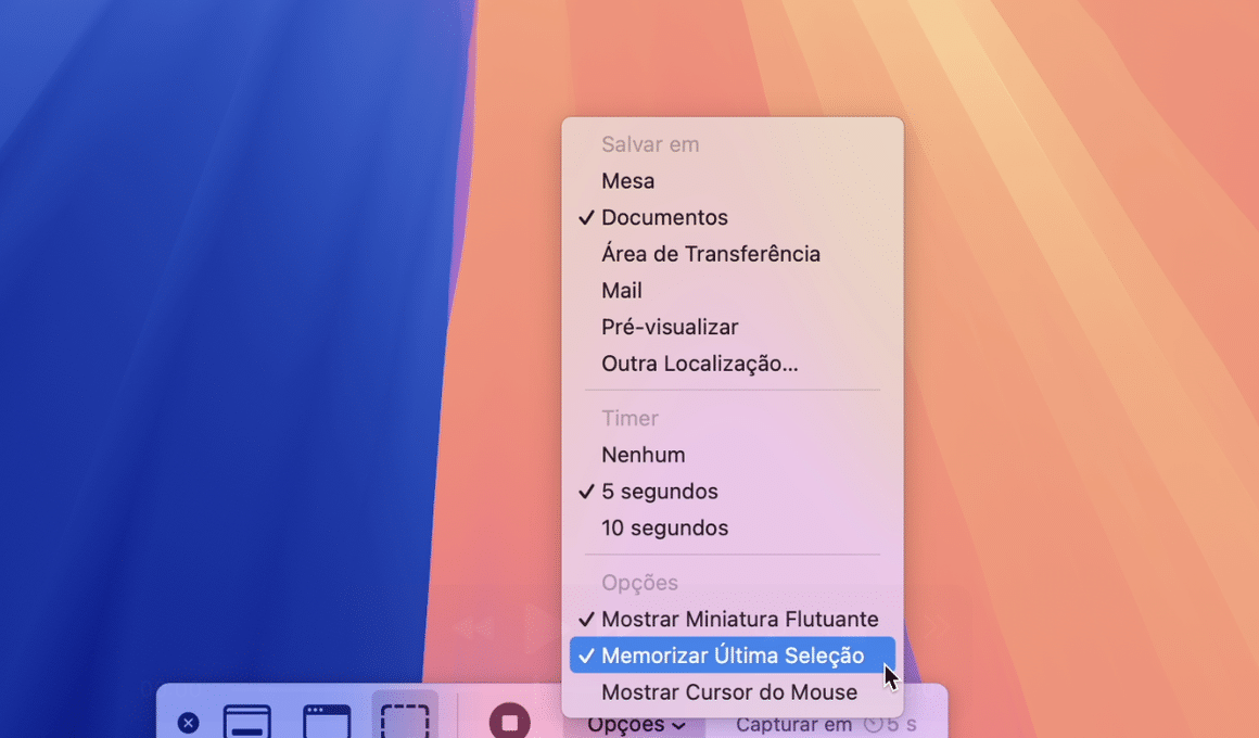 Memorizar seleção na captura de tela do Mac