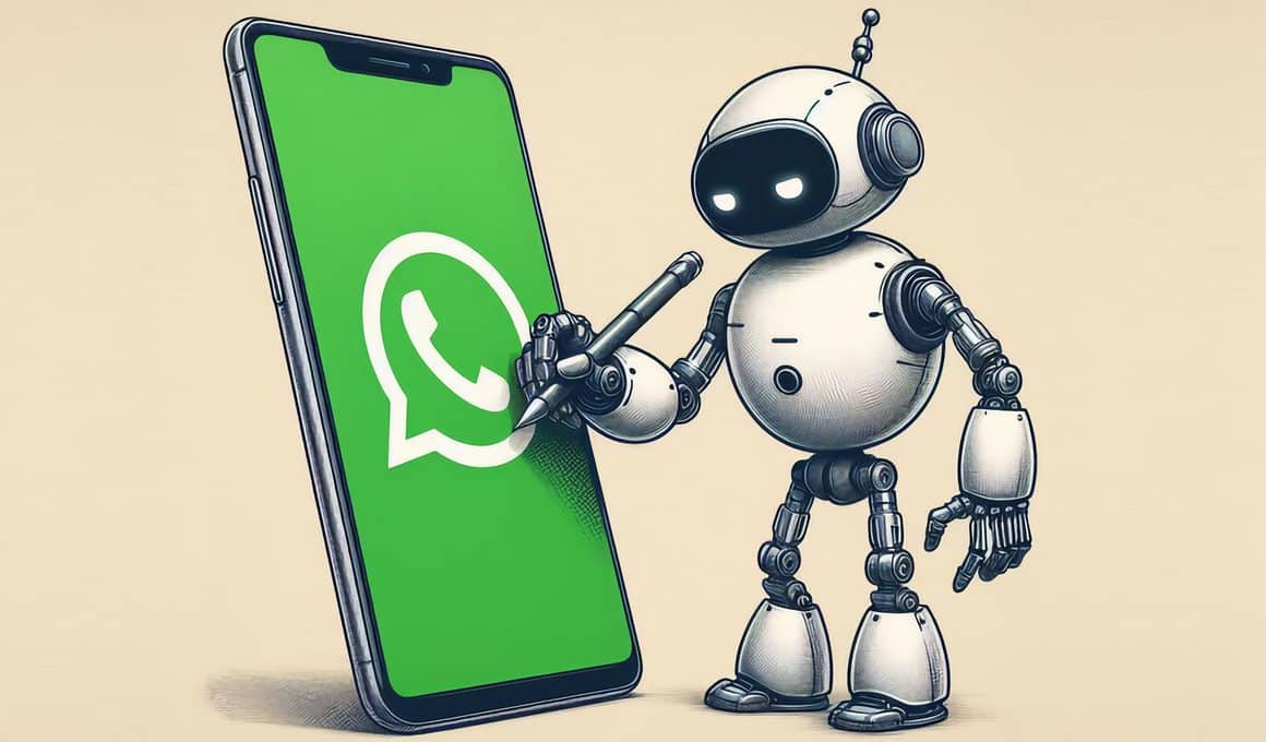 Robô desenhando o ícone do WhatsApp na tela de um iPhone