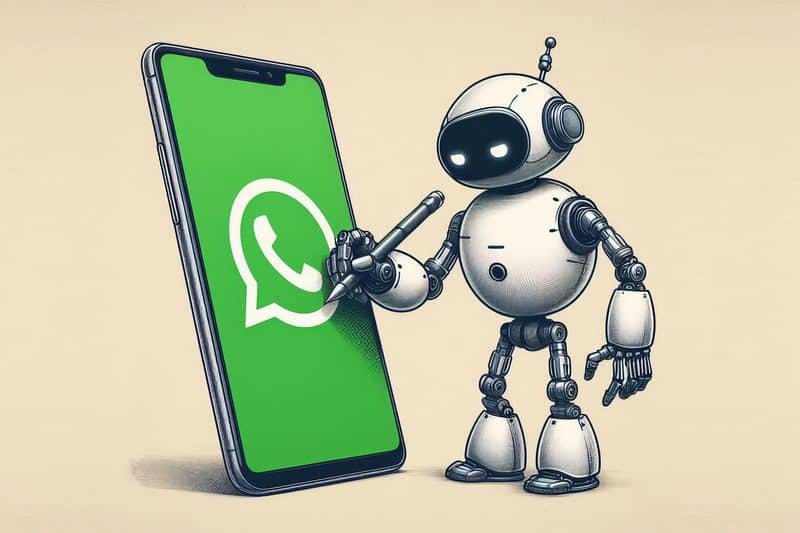 Robô desenhando o ícone do WhatsApp na tela de um iPhone