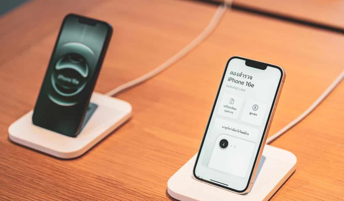 iPhone 16e exposto em Apple Store