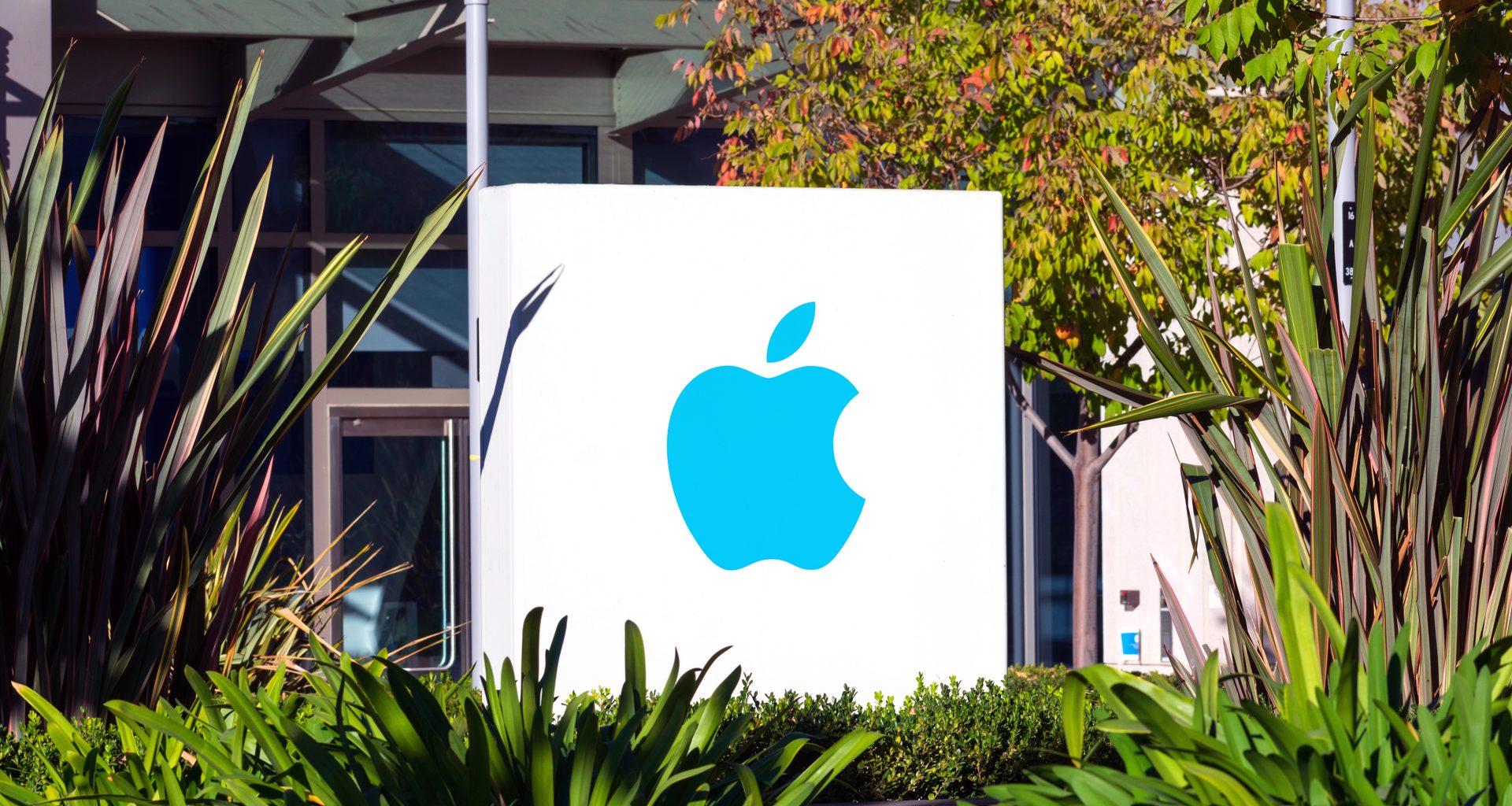 Logotipo da Apple em sinalização em paisagem verde na entrada de um dos escritórios em Silicon Valley - Cupertino, Califórnia, EUA