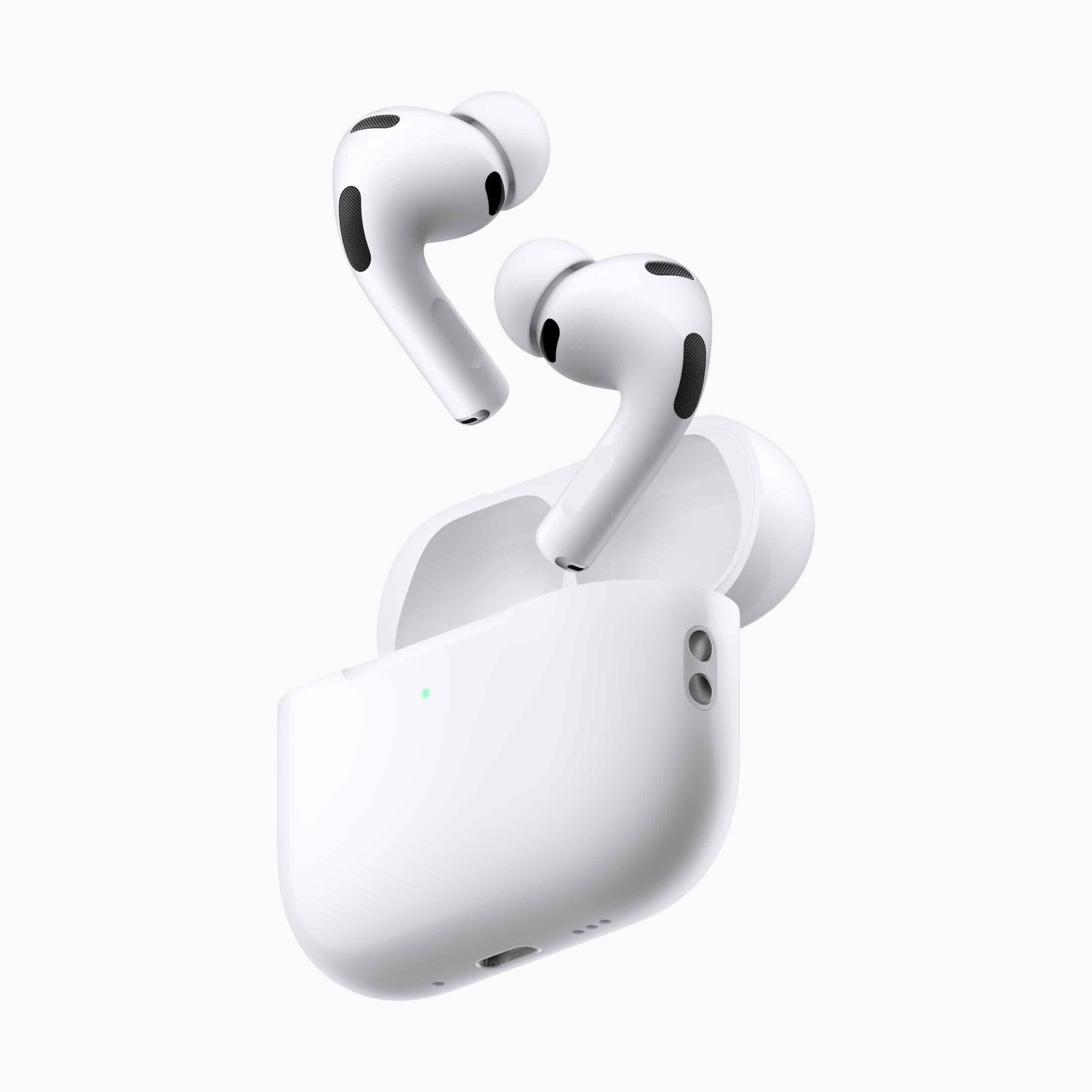 AirPods Pro 3 "voando" com os fones saindo do estojo de recarga