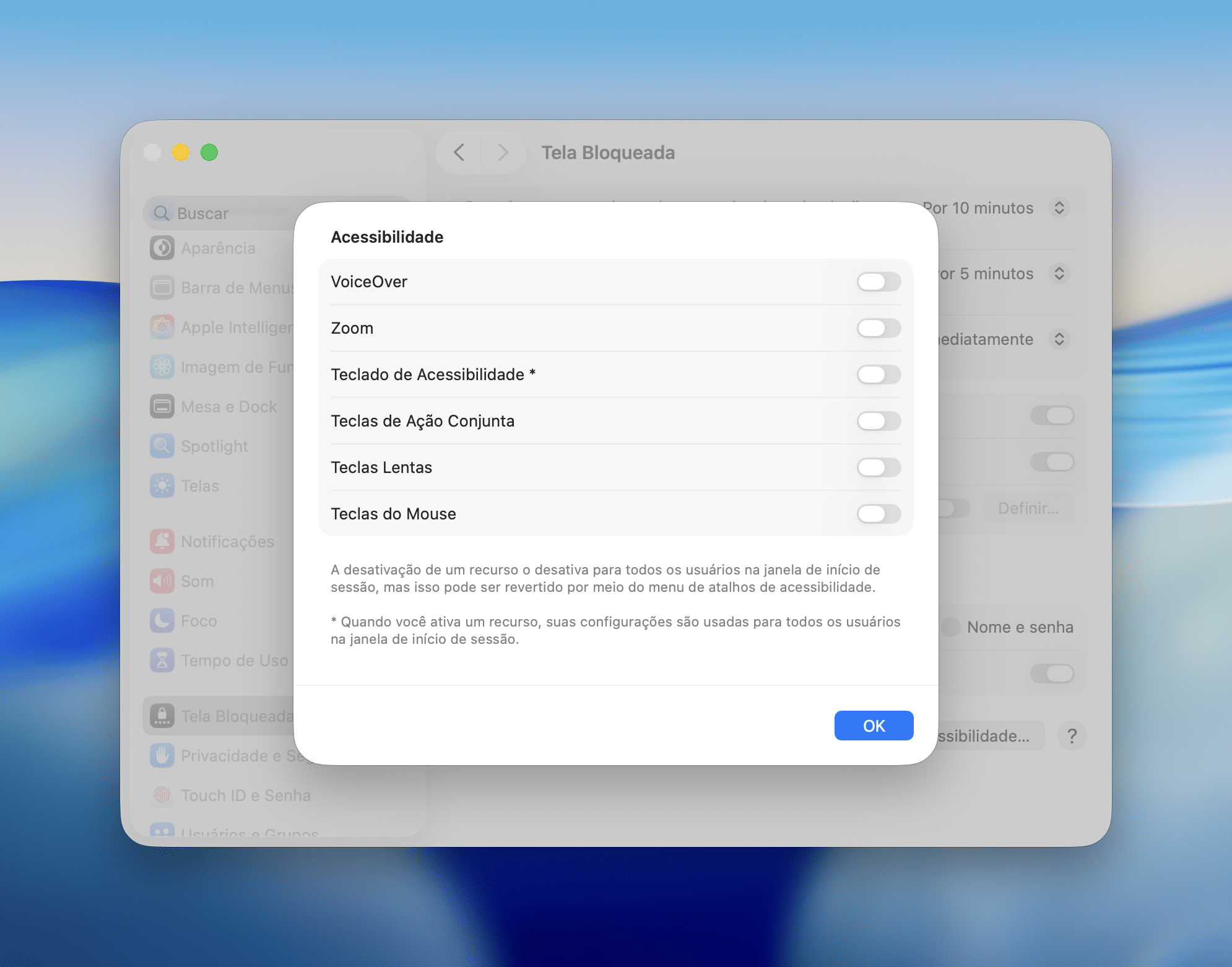 Recursos de acessibilidade na tela de início da sessão do Mac