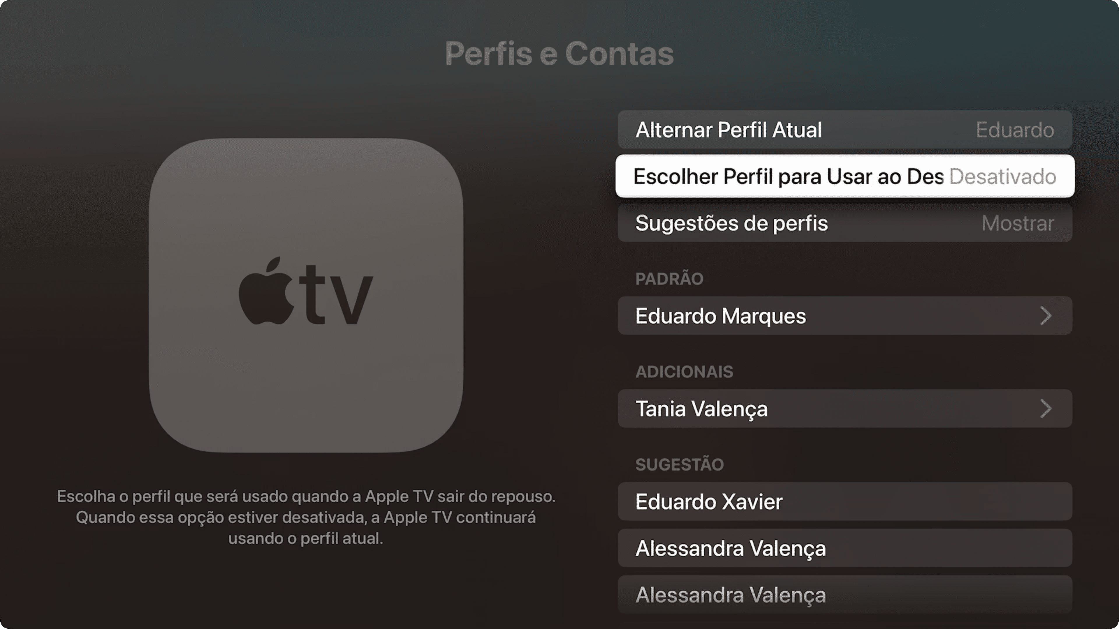 Escolher perfil na Apple TV
