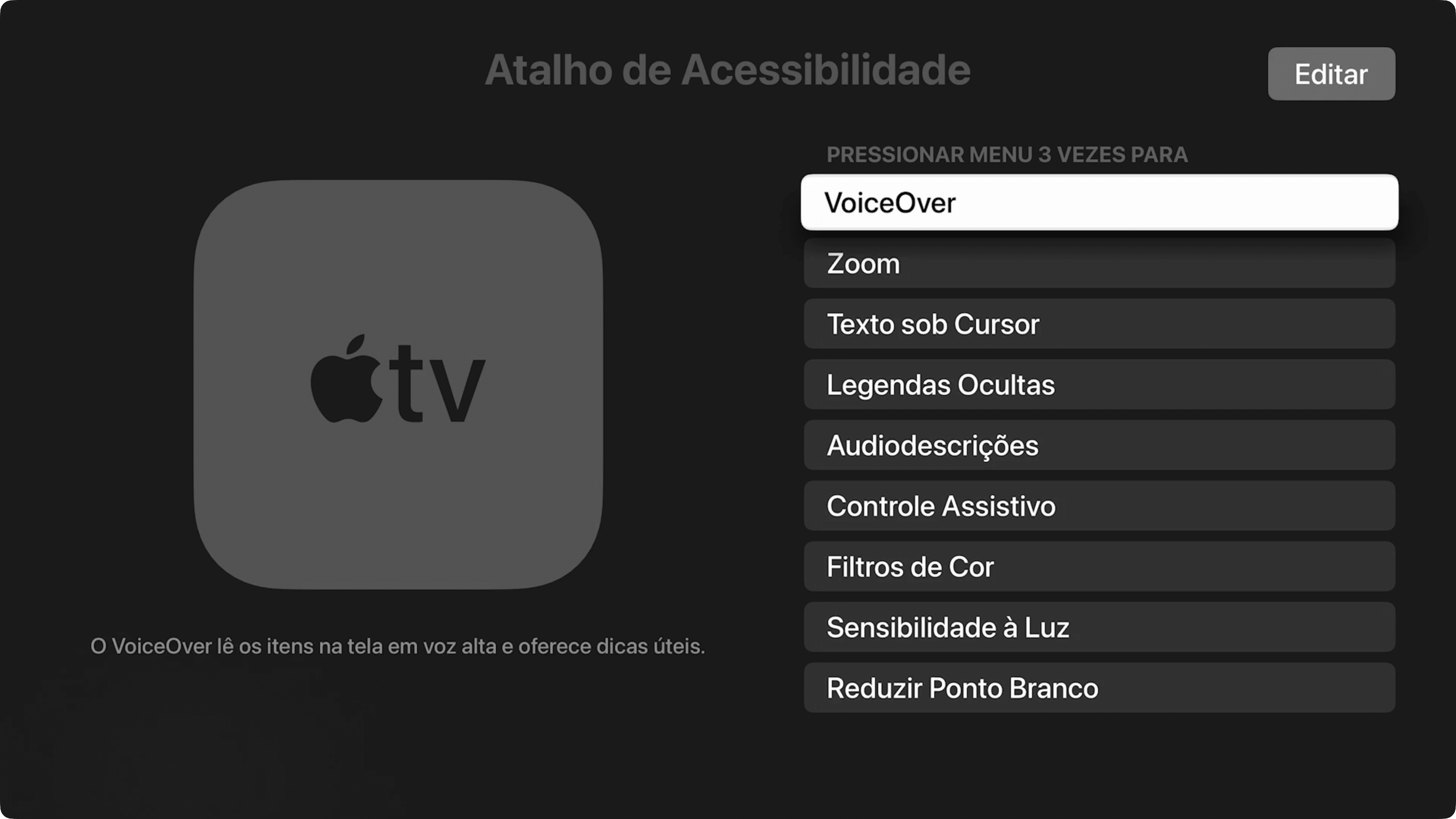 Acessibilidade pela Central de Controle da Apple TV