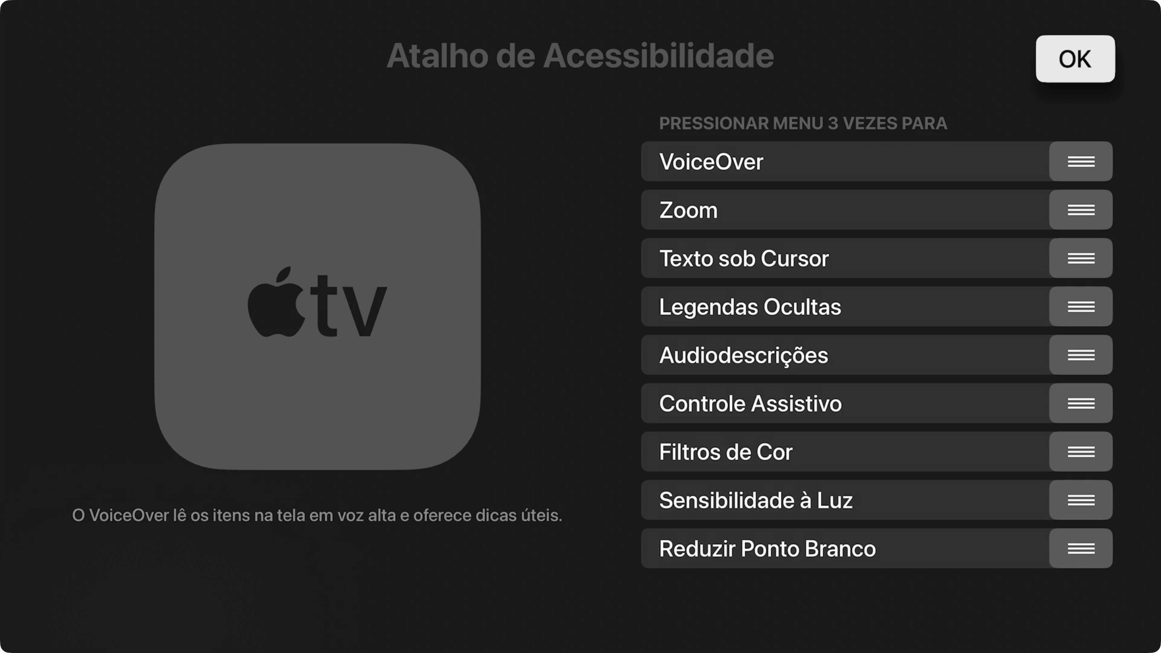 Acessibilidade pela Central de Controle da Apple TV