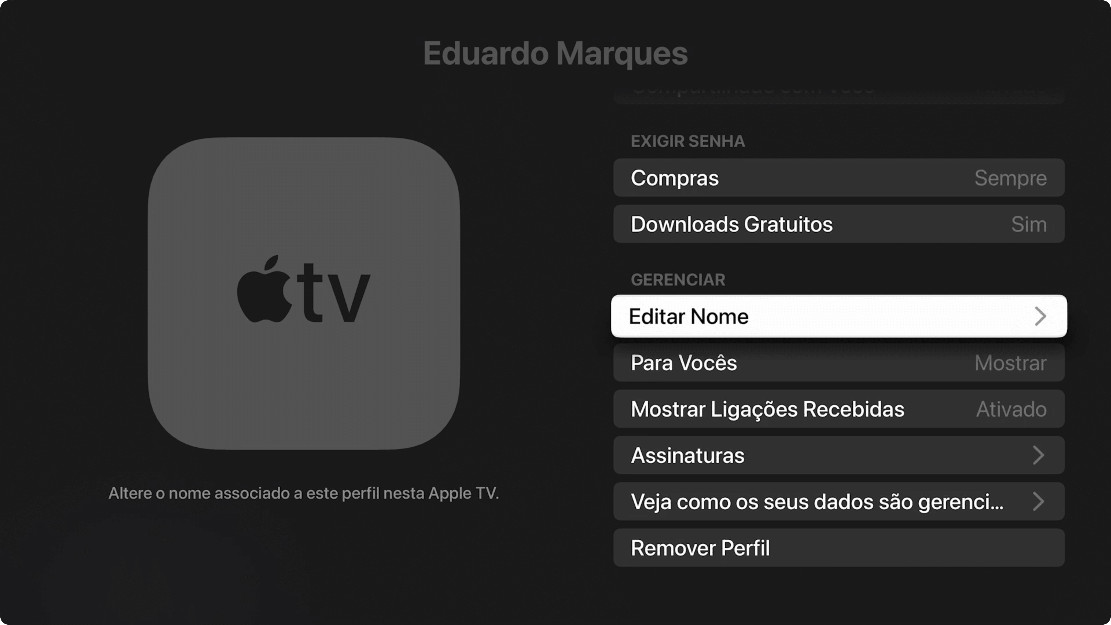 Alterar o nome do perfil na Apple TV