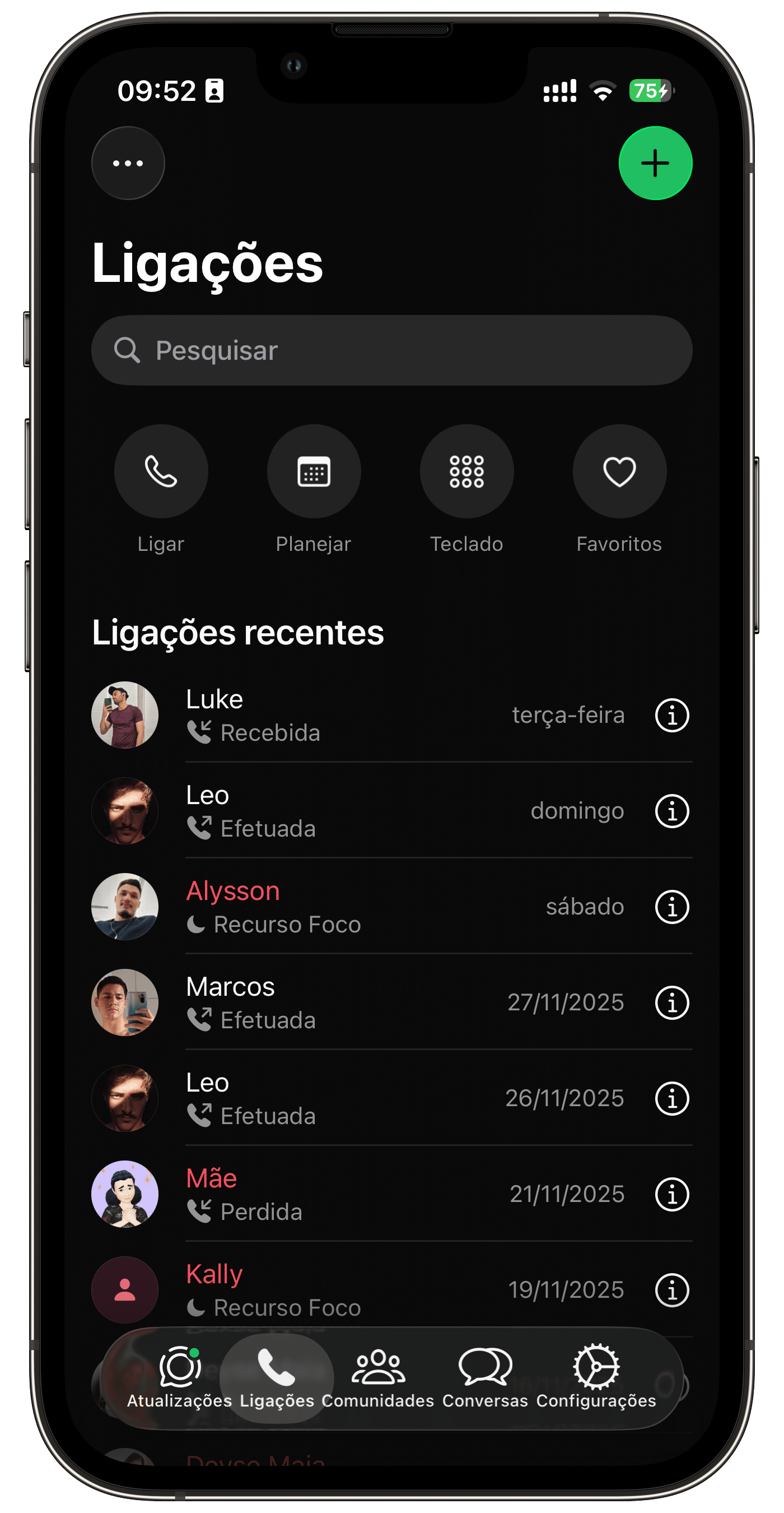 Aba de chamadas do WhatsApp