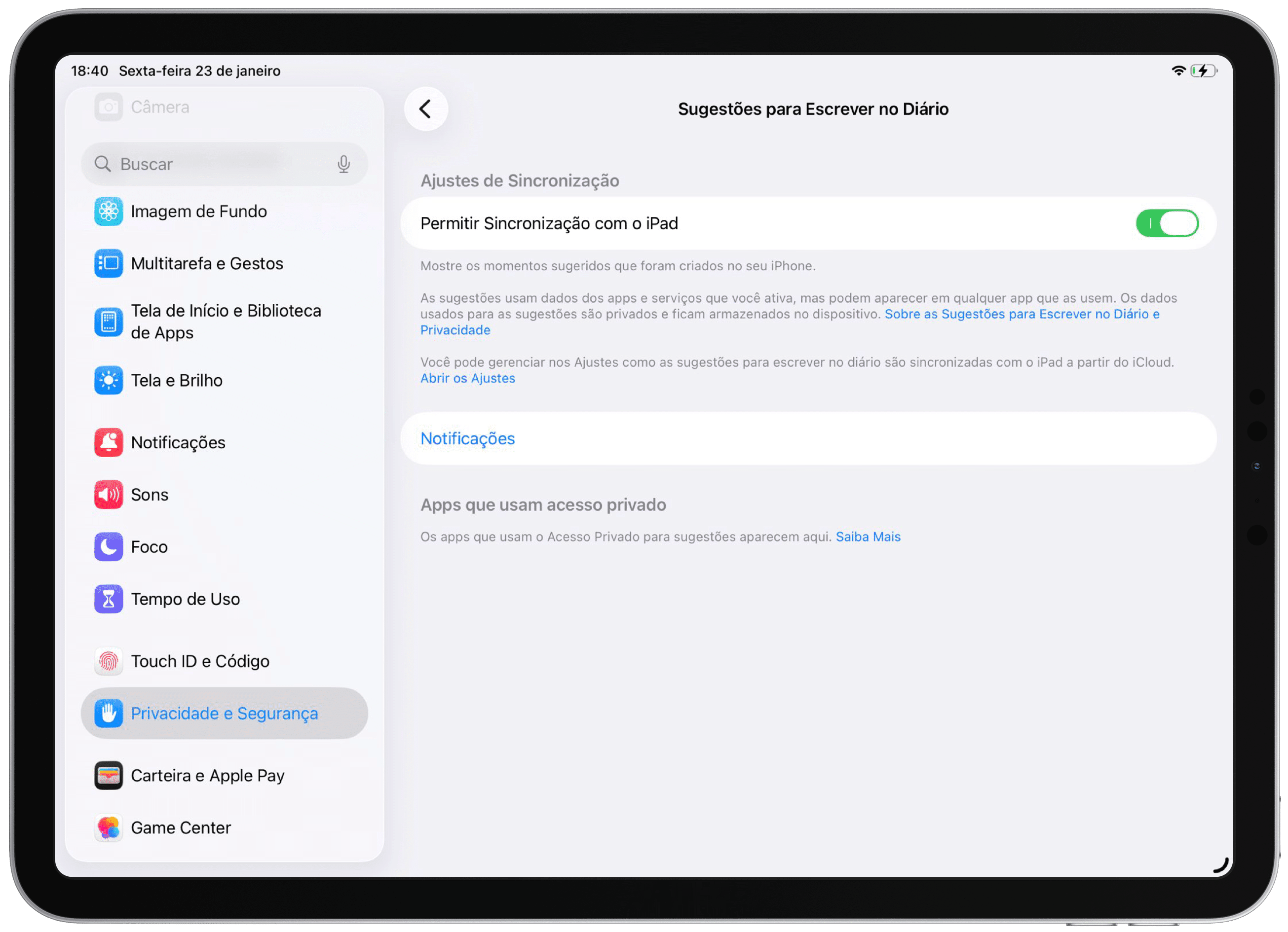 Sincronização do Diário do iPhone no iPad