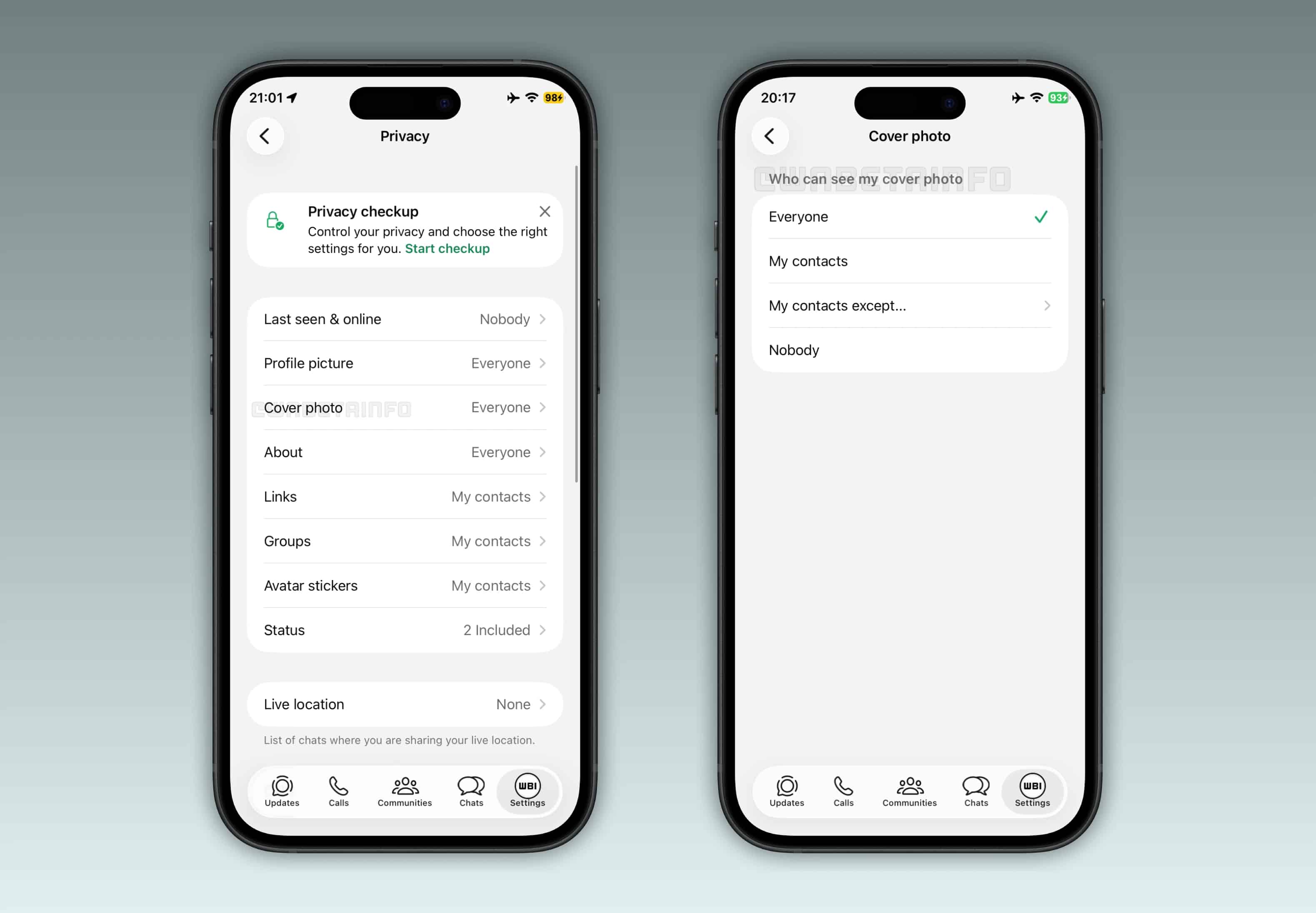 Opções de privacidade para fotos de capa no WhatsApp Beta