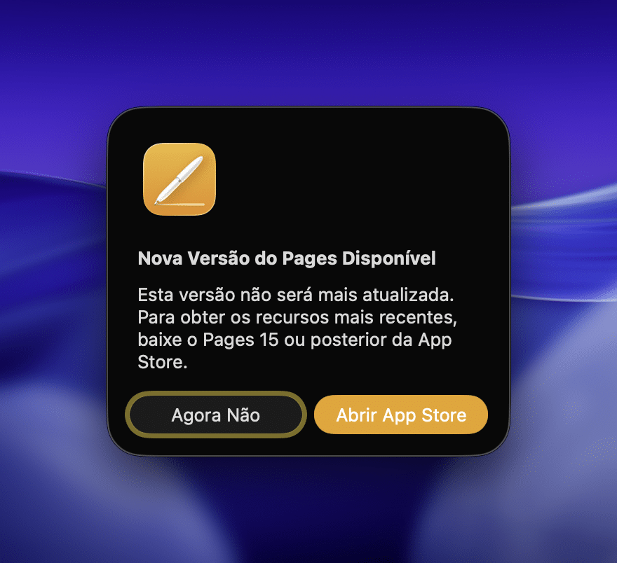 Alerta após update do Pages para a versão 14.5