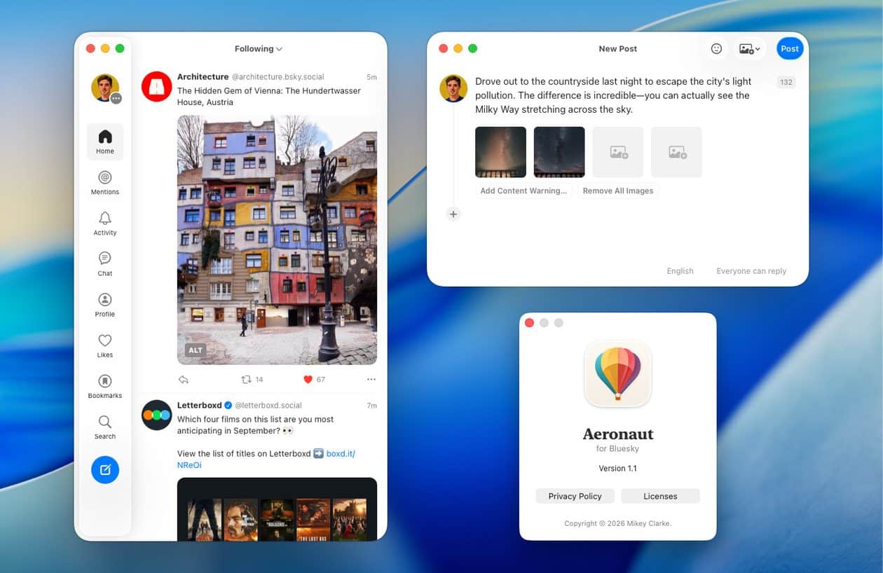 Aeronaut é um cliente do Bluesky feito especialmente para o macOS