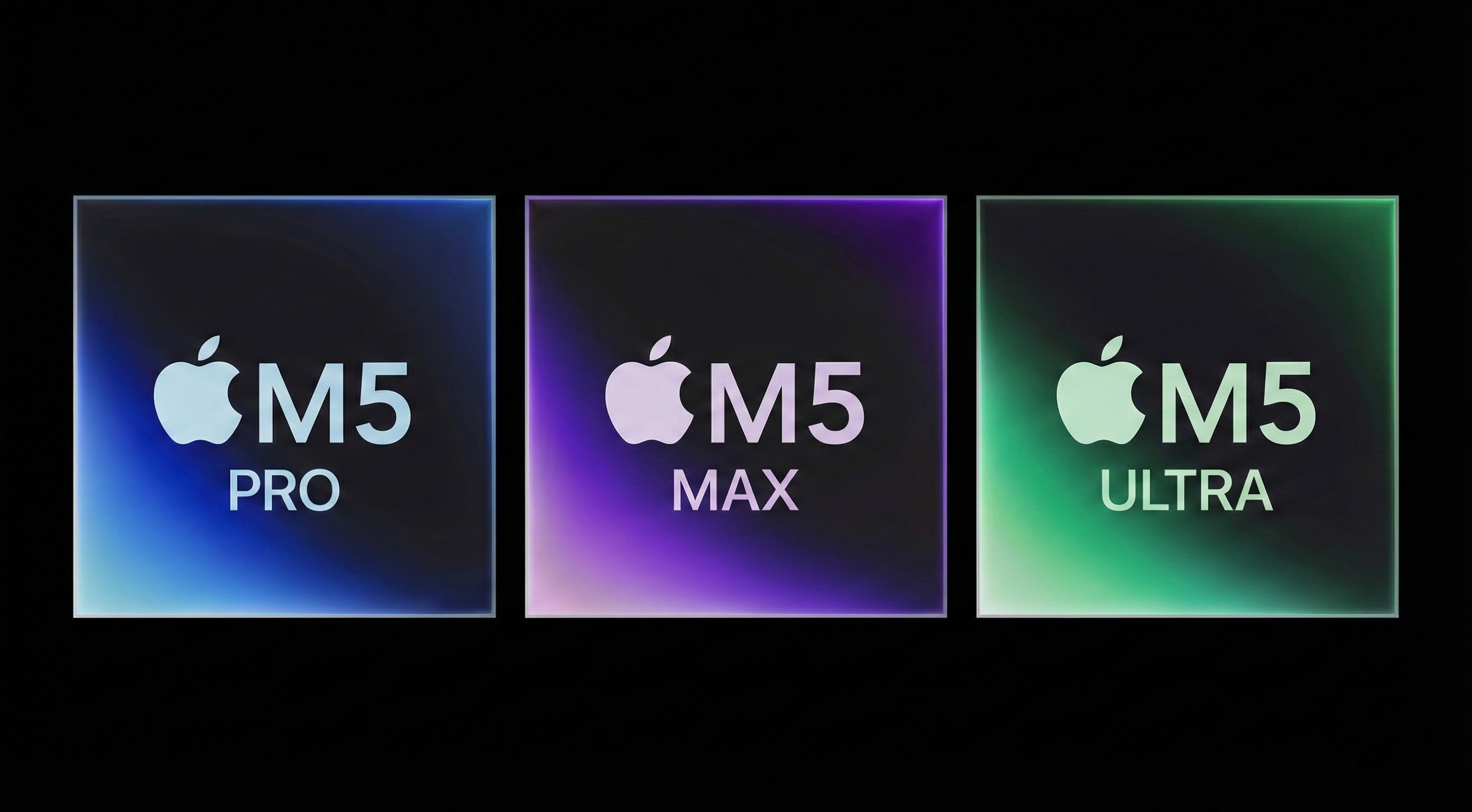 Ilustração dos chips "M5 Pro", "M5 Max" e "M5 Ultra"