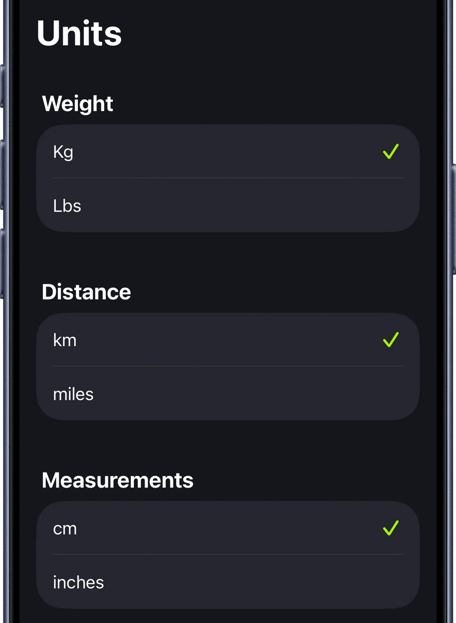 Seleção de unidades de medida no SmartGym