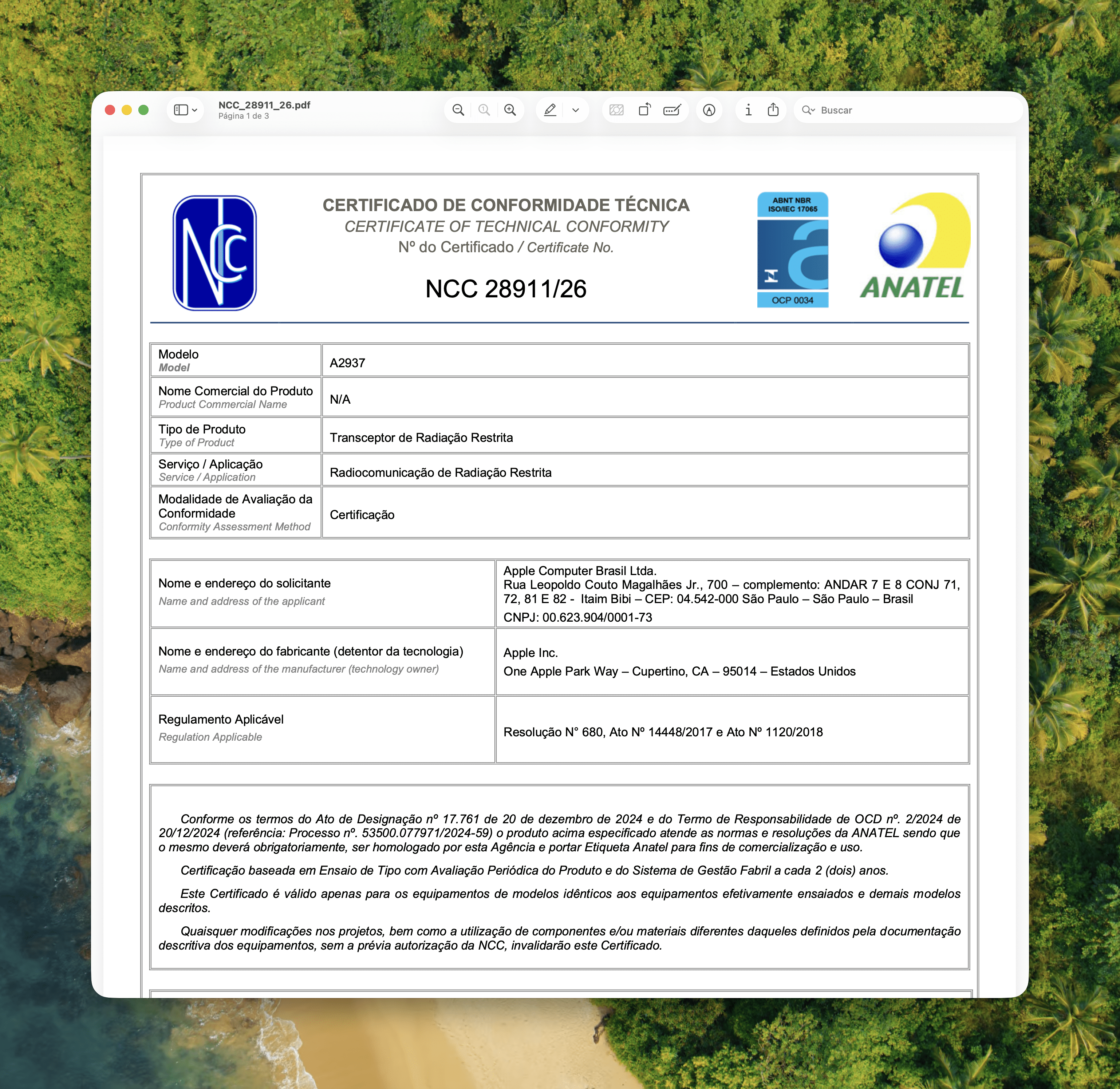 Certificado de Conformidade Técnica do AirTag de 2ª geração