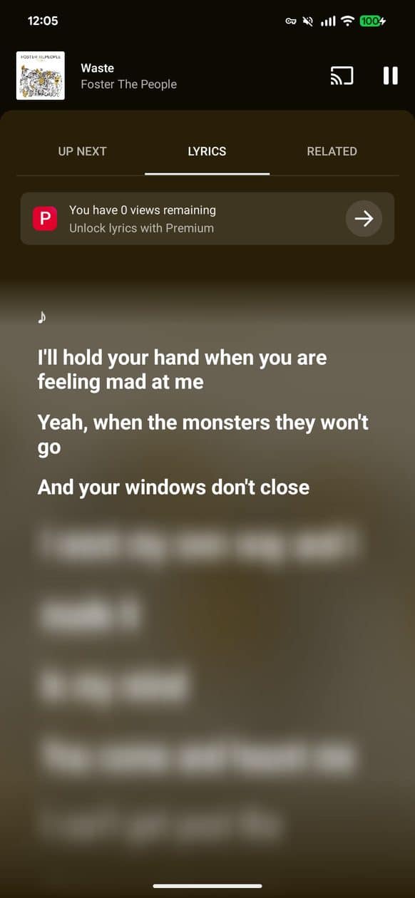 Letras de músicas no YouTube Music
