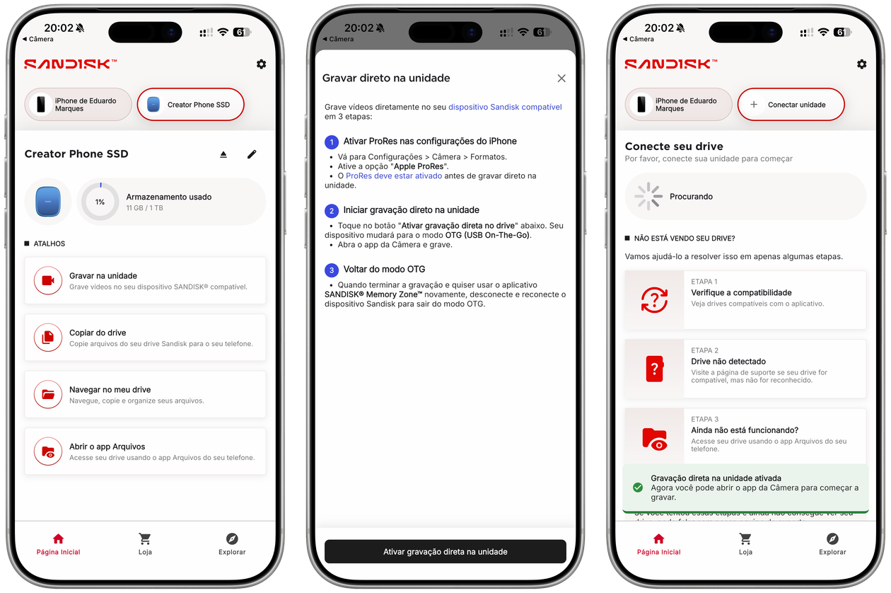 Opção de gravação direta no SanDisk Creator Portable Phone SSD