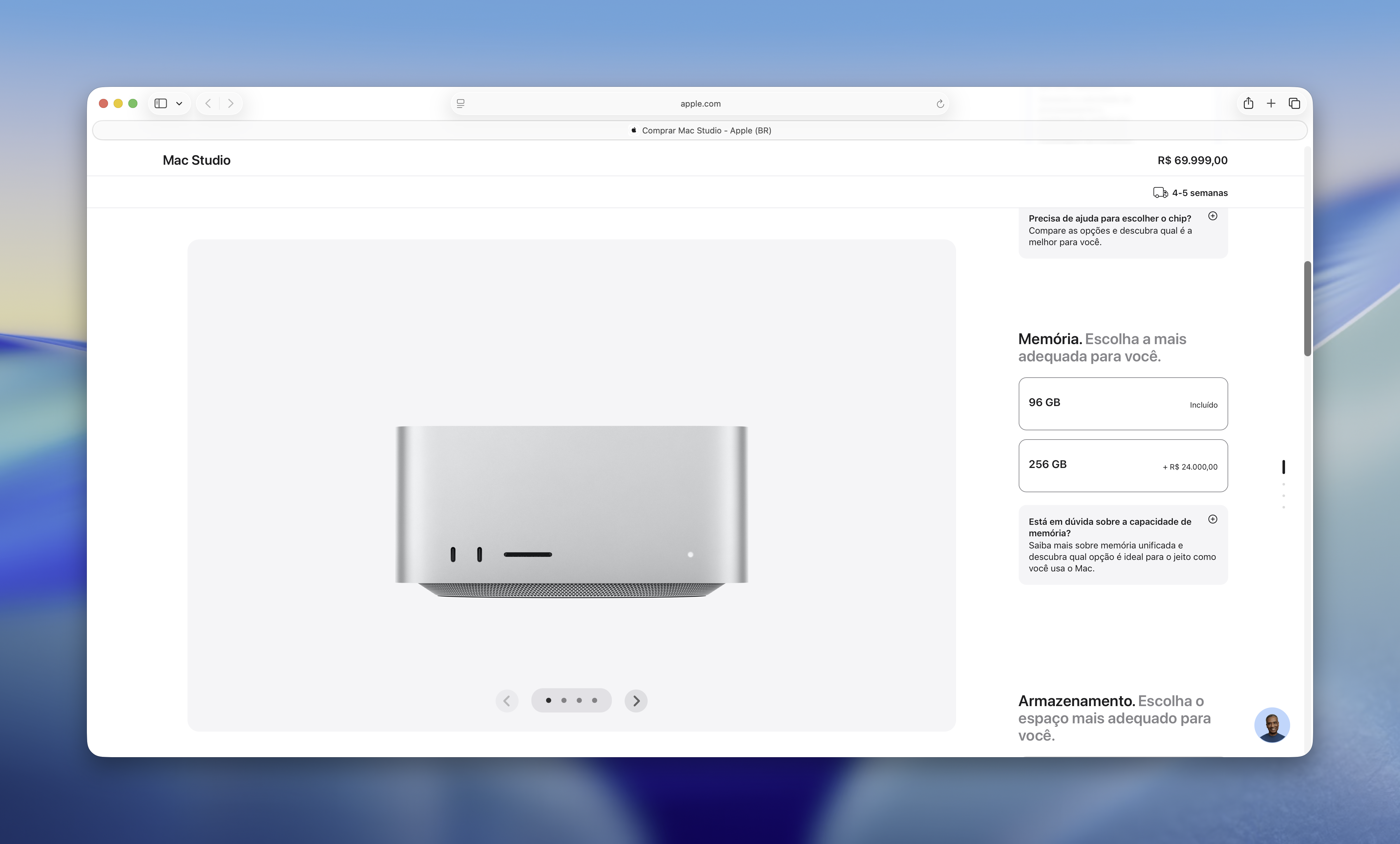 Personalização de memória do Mac Studio com chip M3 Ultra