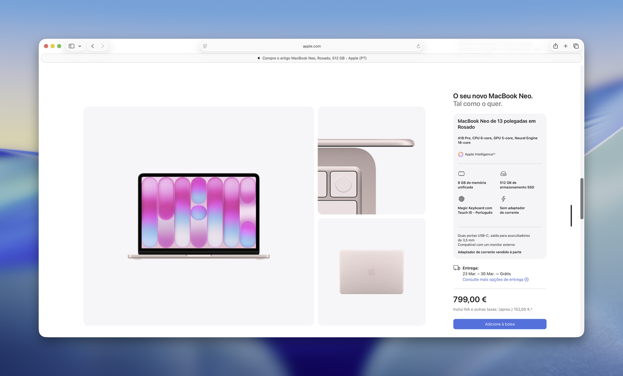 Prazo de entrega do MacBook Neo na cor blush