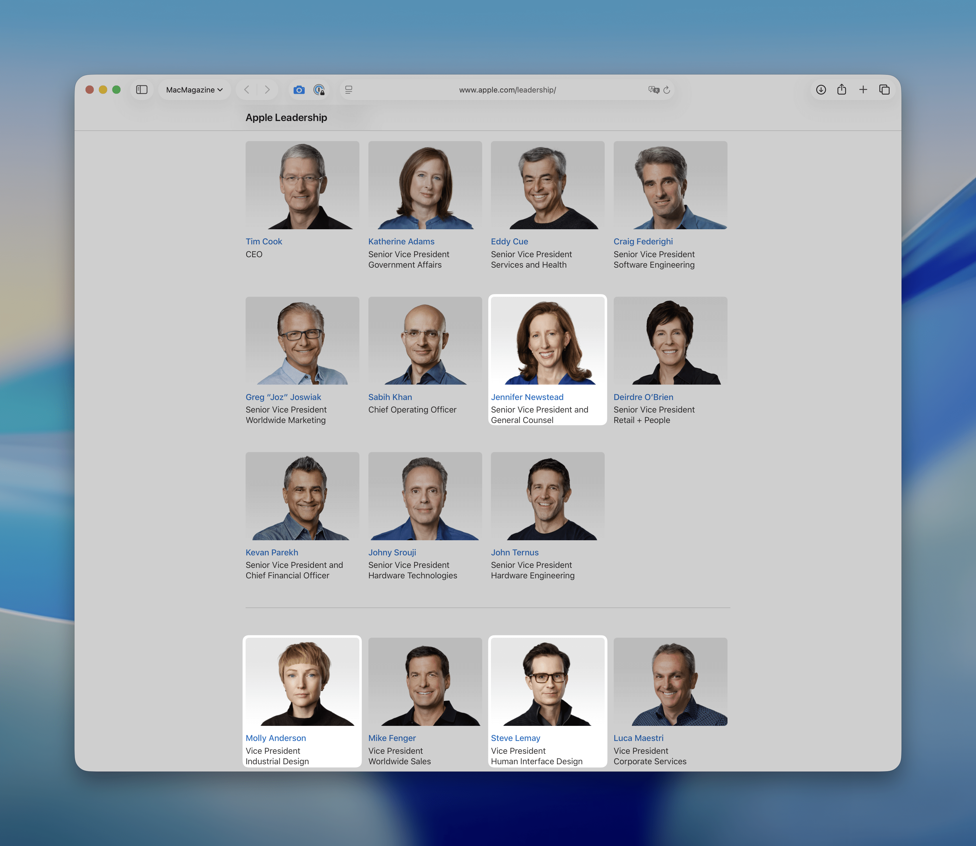Apple inclui Steve Lemay, Jennifer Newstead e Molly Anderson em sua página de liderança
