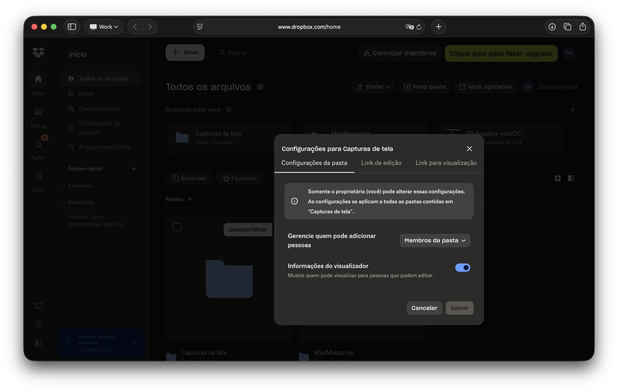 Compartilhamento no Dropbox
