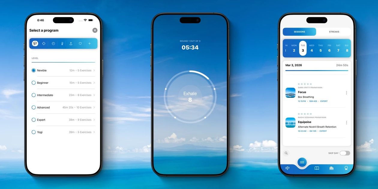 Yogi Breath é um app de respiração guiada com evolução progressiva