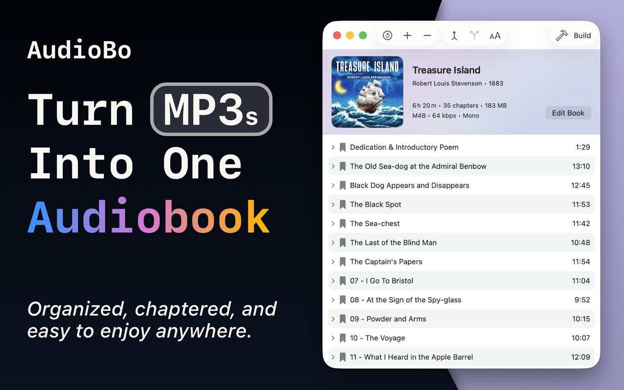 Transforme arquivos MP3 em audiolivros no macOS com o aplicativo AudioBo