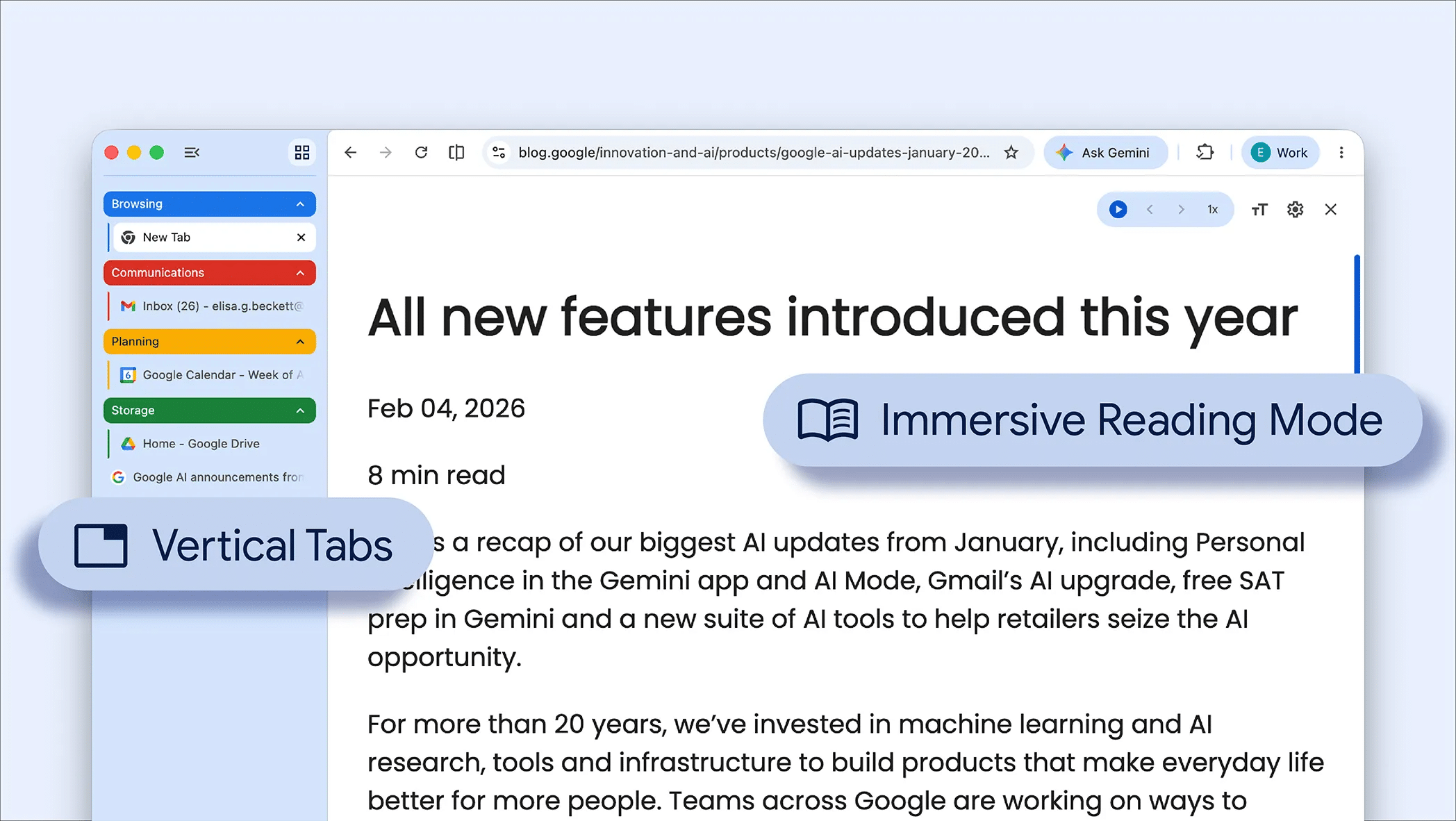 Abas verticais e modo de leitura em tela cheia no Chrome