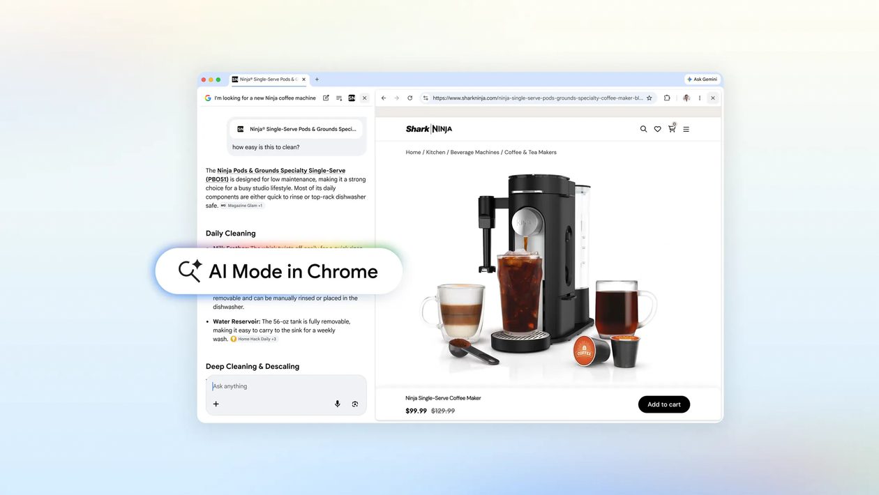 Google integra Modo IA à busca no Chrome com visualização simultânea