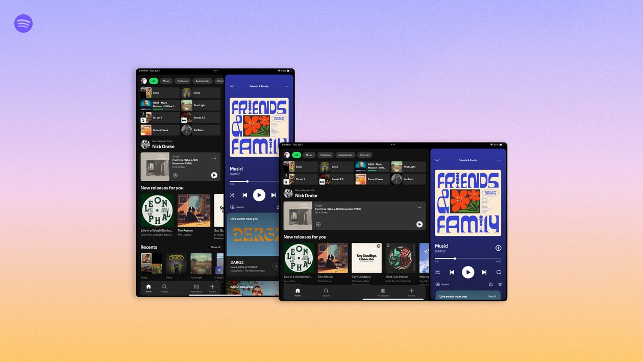 Spotify lança visual redesenhado para tablets com novo painel lateral retrátil