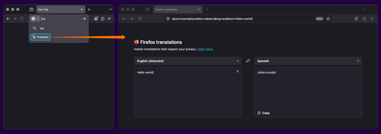 Aprimoramentos do recurso de tradução no Firefox 150