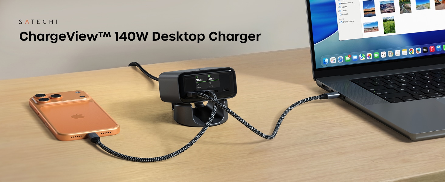 Satechi lança carregador GaN de 140W com display e suporte de mesa