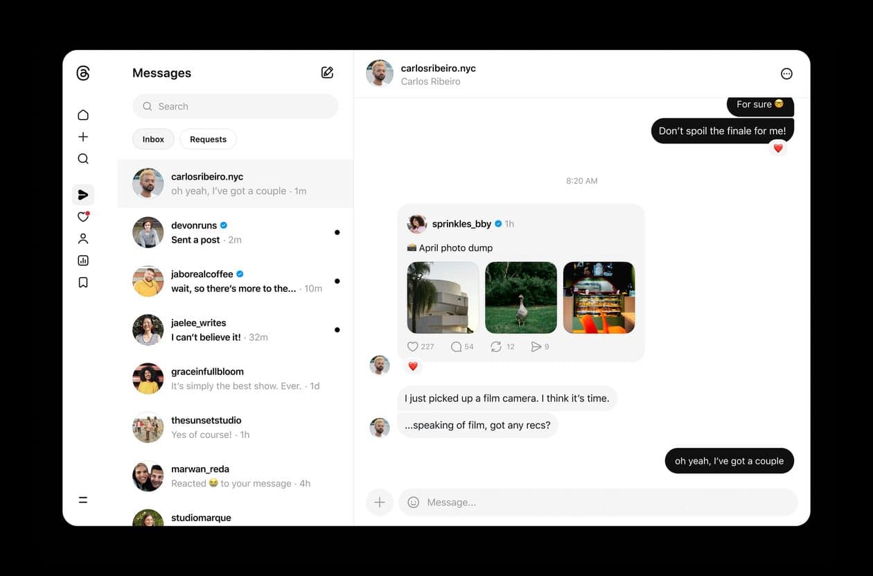 Threads anuncia suporte a chats (DMs) individuais na web